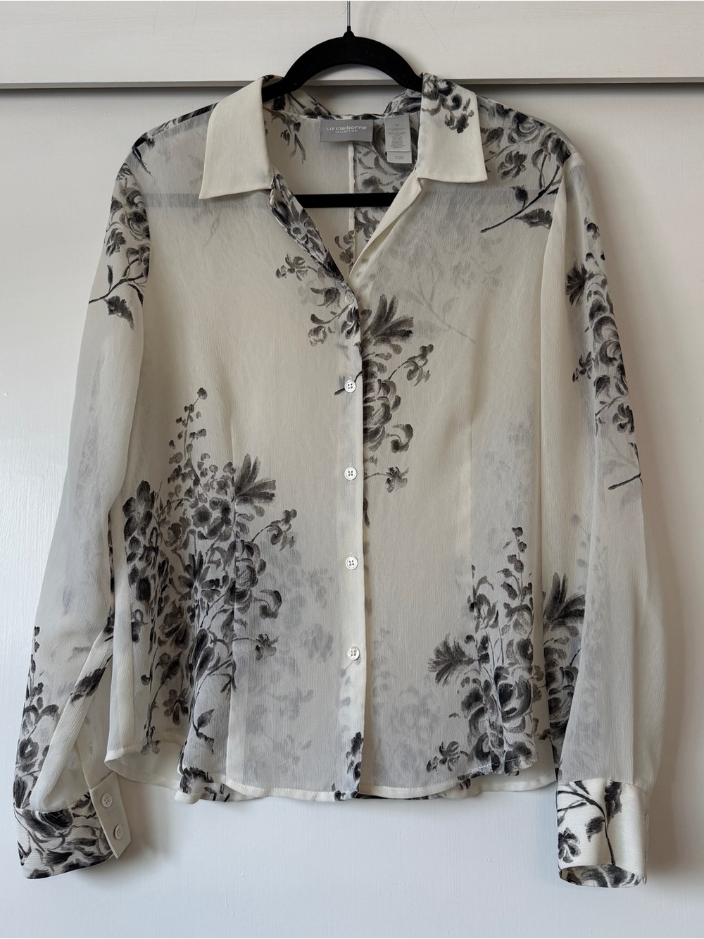 Liz Claiborne Off-White Sheer Floral Button Blouse
